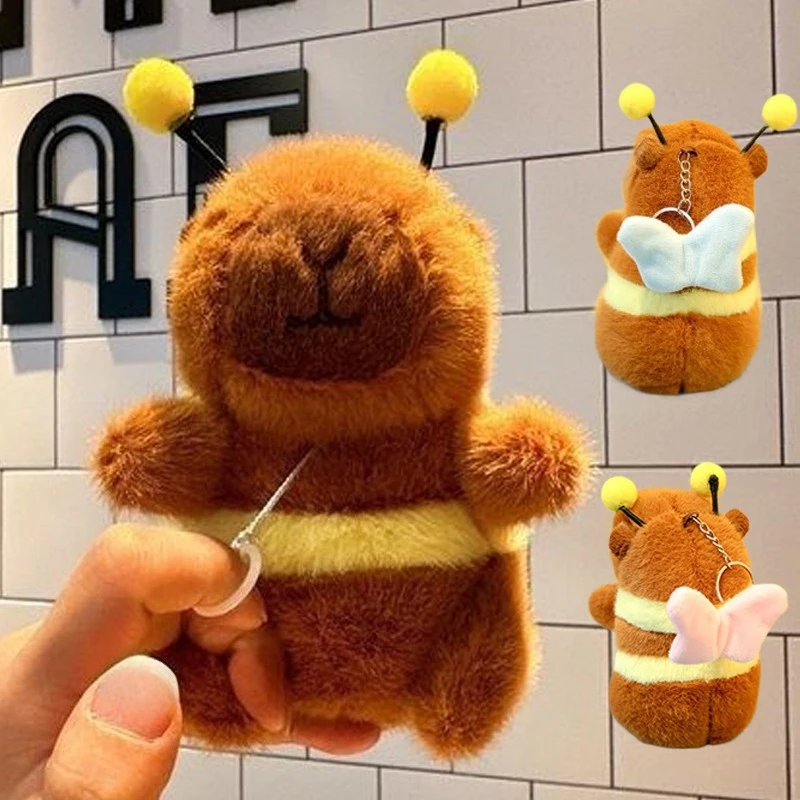Cute Bee Capybara Plush Keychain Butterfly Wings Capibara Wind Up Toy Cartoon Funny Animal Backpack Pendant for Woman Gifts