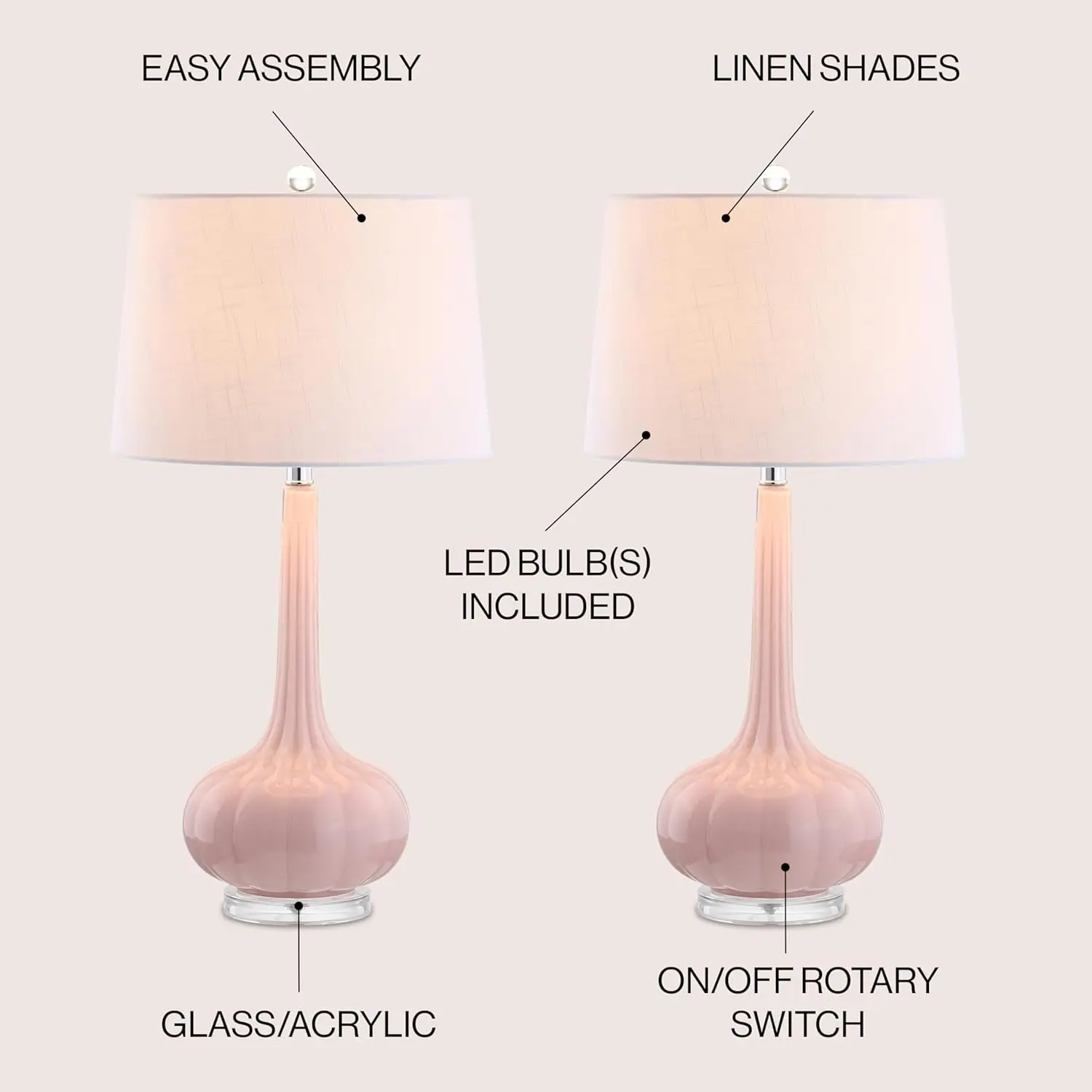 Set of 2 Pink Teardrop Glass LED Table Lamps, 28.5" Contemporary Bedside Desk Lamp for Bedroom Living Room Office view 3