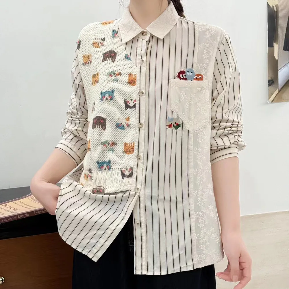 

Высококачественная женская блузка из 100% хлопка, забавная рубашка в полоску, французская ниша, искусственный дизайн из двух предметов, осенние роскошные свободные топы с вышивкой