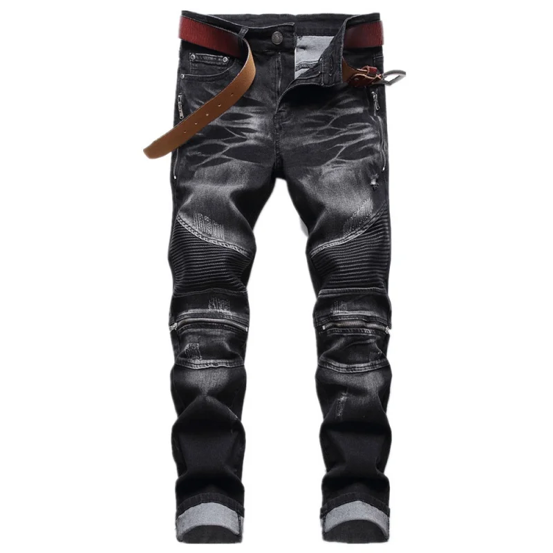 

Men'S Jeans With Holes, Motorcycle Zippers, Pleats, High Street Straight Fit, Casual And Fashionable Oversized Biker Denim Pants