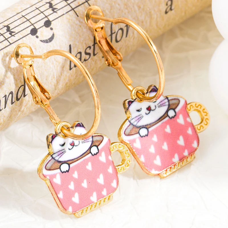 Kawaii Enamel Drop Cat Dangle Earrings Fashion Sweet Cartoon Animal Eardrop for Women Girl Casual Parties Gift