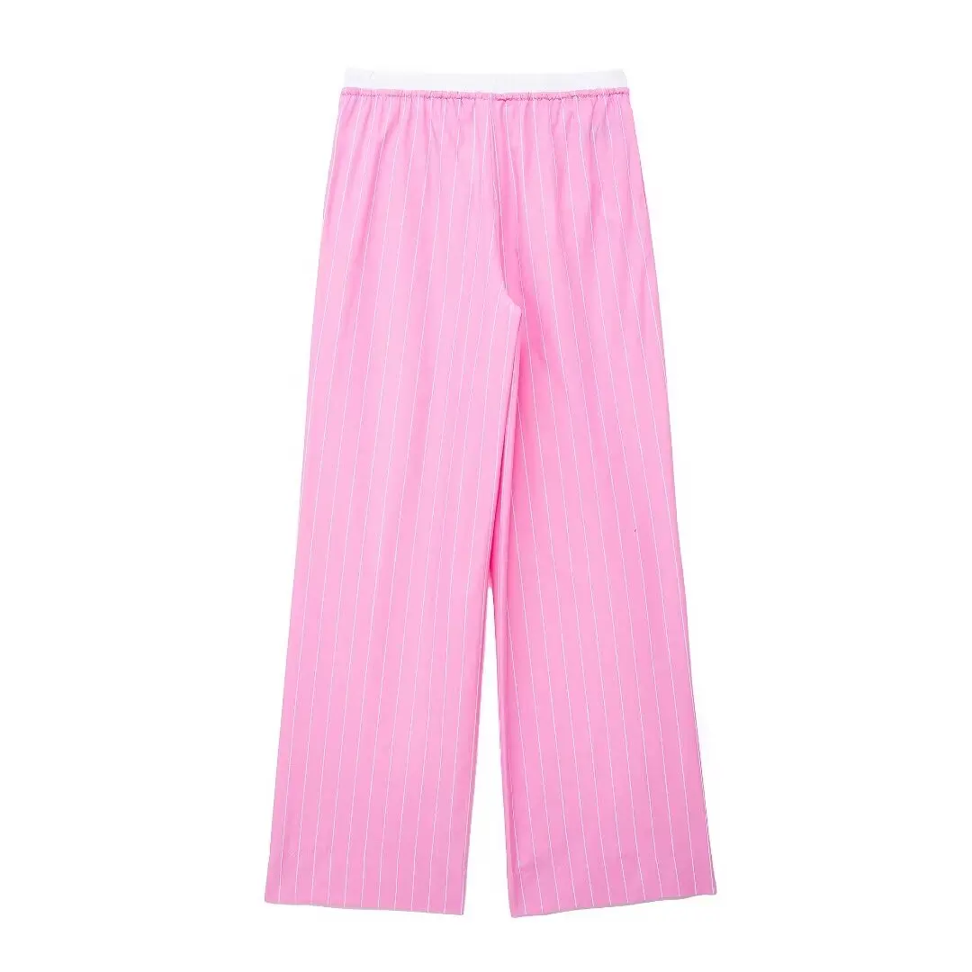 Tangada 2024 Fashion Women Pink Striped Print Wide Leg Pants Trousers Elastic Waist Lady Casual Pants 3H0413