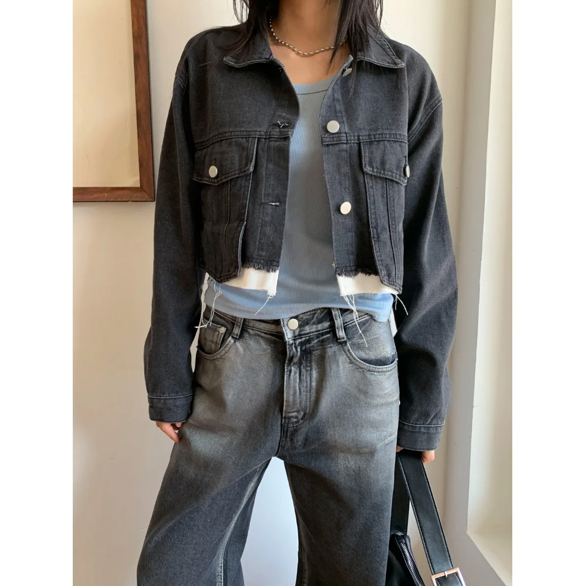

Fall Faion Patchwork Flip-Collar Long Sve ort Denim Jaet Women's Sle Single Piece 2025 Autumn China Origin Ladies'...