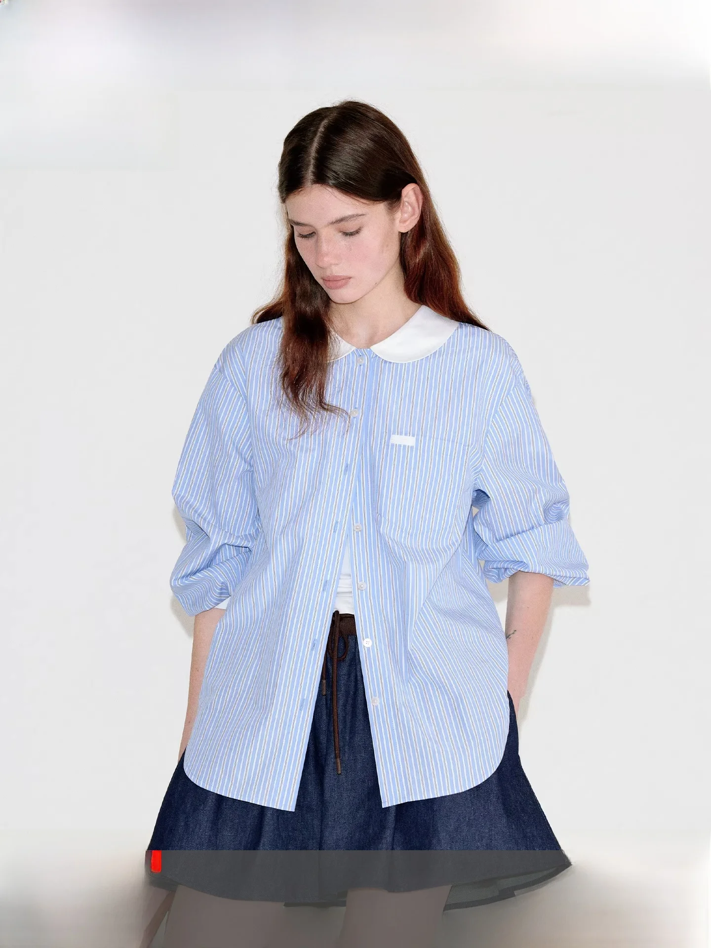 

Fano Casual Peter Pan Collar Striped Contrast Embroidery Label Basic Women's irt Spring 2026 Skin-friendly Breathable Korea...