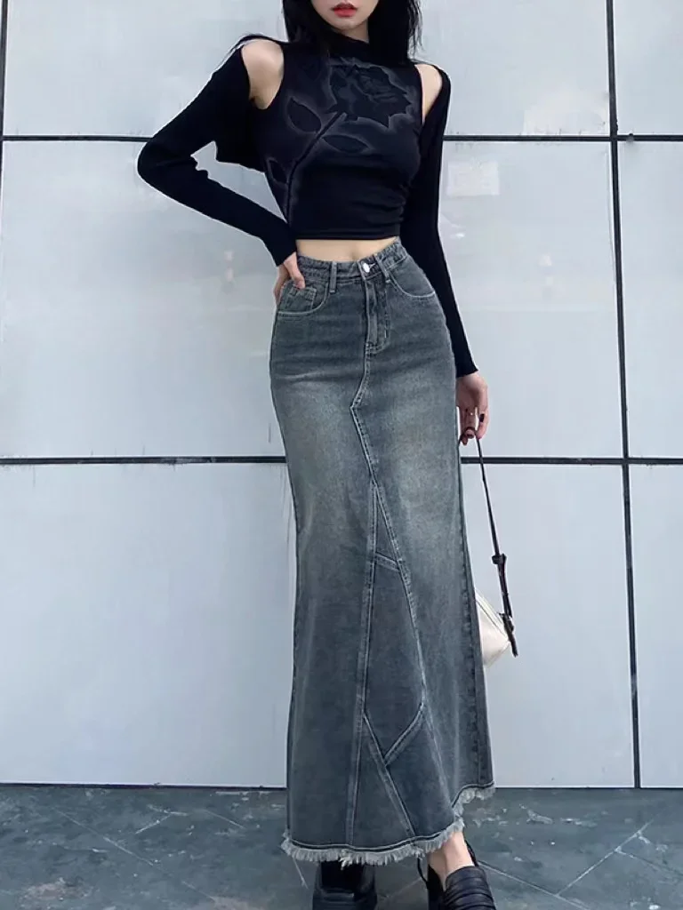 

2024 Autumn Retro Classic All-Match Skirt Women Casual Commuter Outing Tight Sexy Irregular Long Denim Vitality Skirts Girl Cool