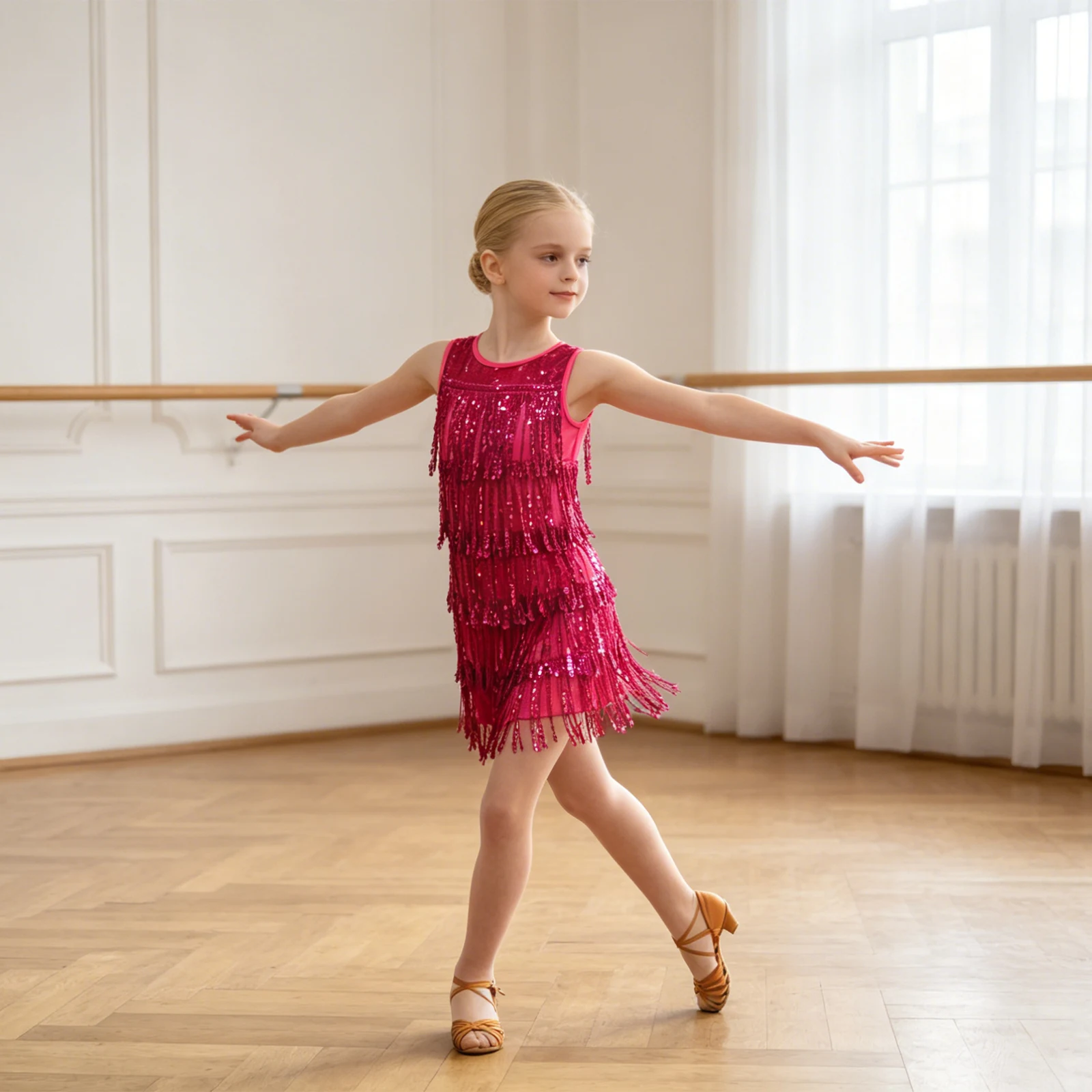 

Kids Girls Sparkling Sequin Tassel Latin Dance Dress Round Neck Sleeveless Dress for Salsa Cha-cha Stage Performance Tango