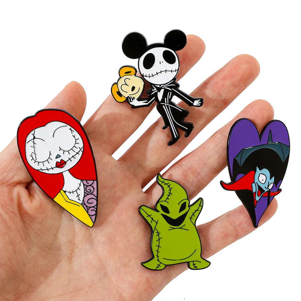 Disney Mickey The Nightmare Before Christmas Cartoon Brooch Sally Bucky Jack Skellington Metal Badge Lapel Pins Kids Accessories