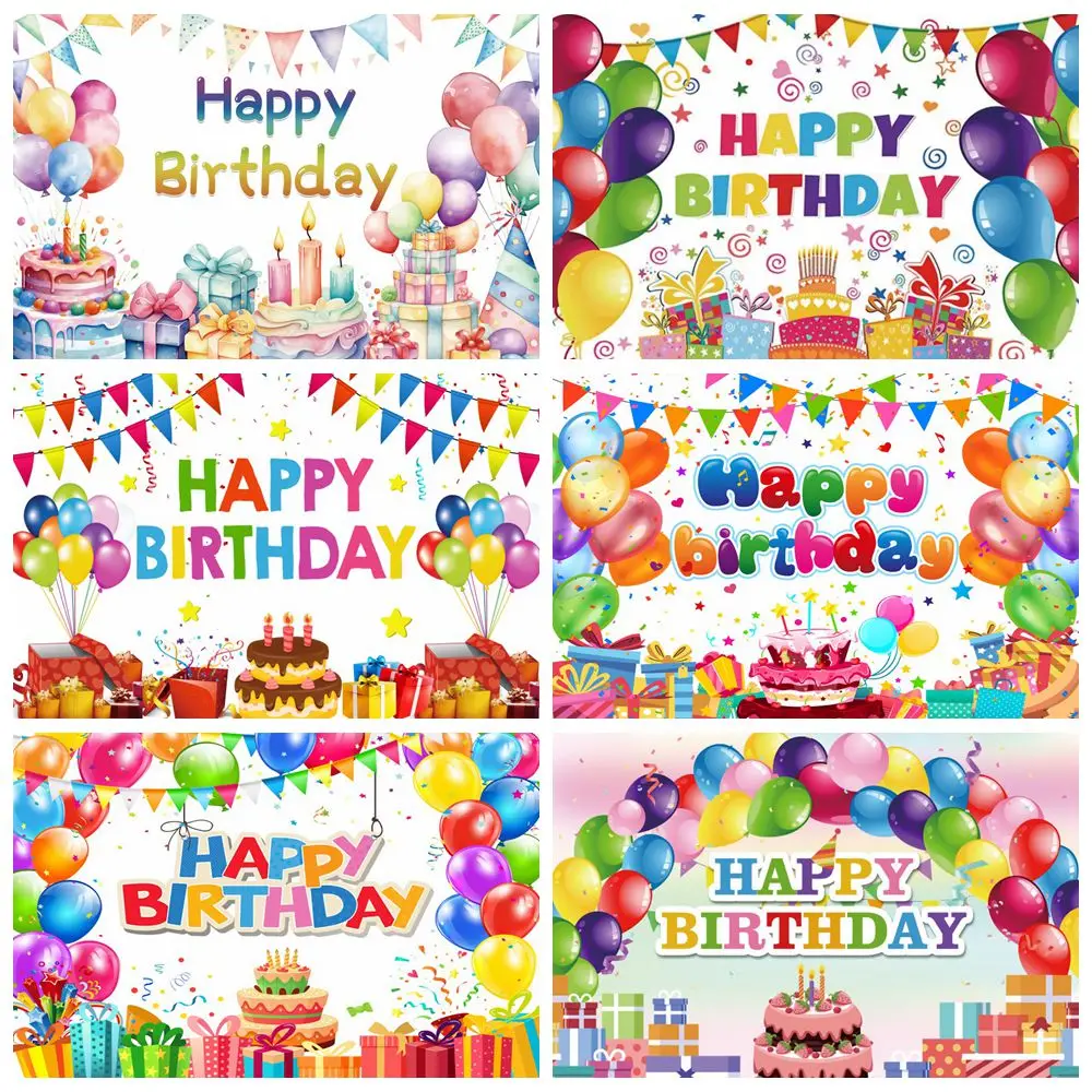 Happy Birthday Backdrop Balloons Cake Candle Gifts Kid Birthday Party Photography Backdrop Photoshoot Wall Decor Banner Poster