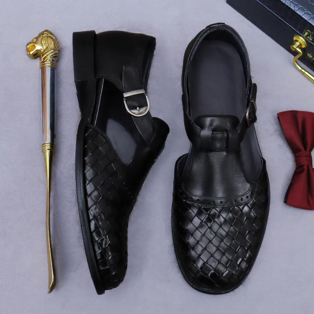 

Woven Sandals Men's Full Layer Cowhide Comfortable Classic Summer Genuine Leather Cowhide Work Buckle Breathable Cool Slippers