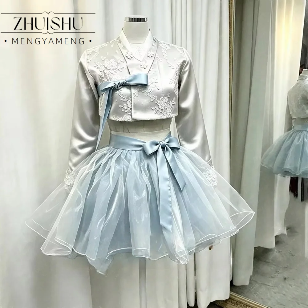 ZHUISHU Vintage Contrast Color Short Hanbok 2 PCS Korean Photo Shoot Appliques Performance Dress Customized Mini Skirt Jacket