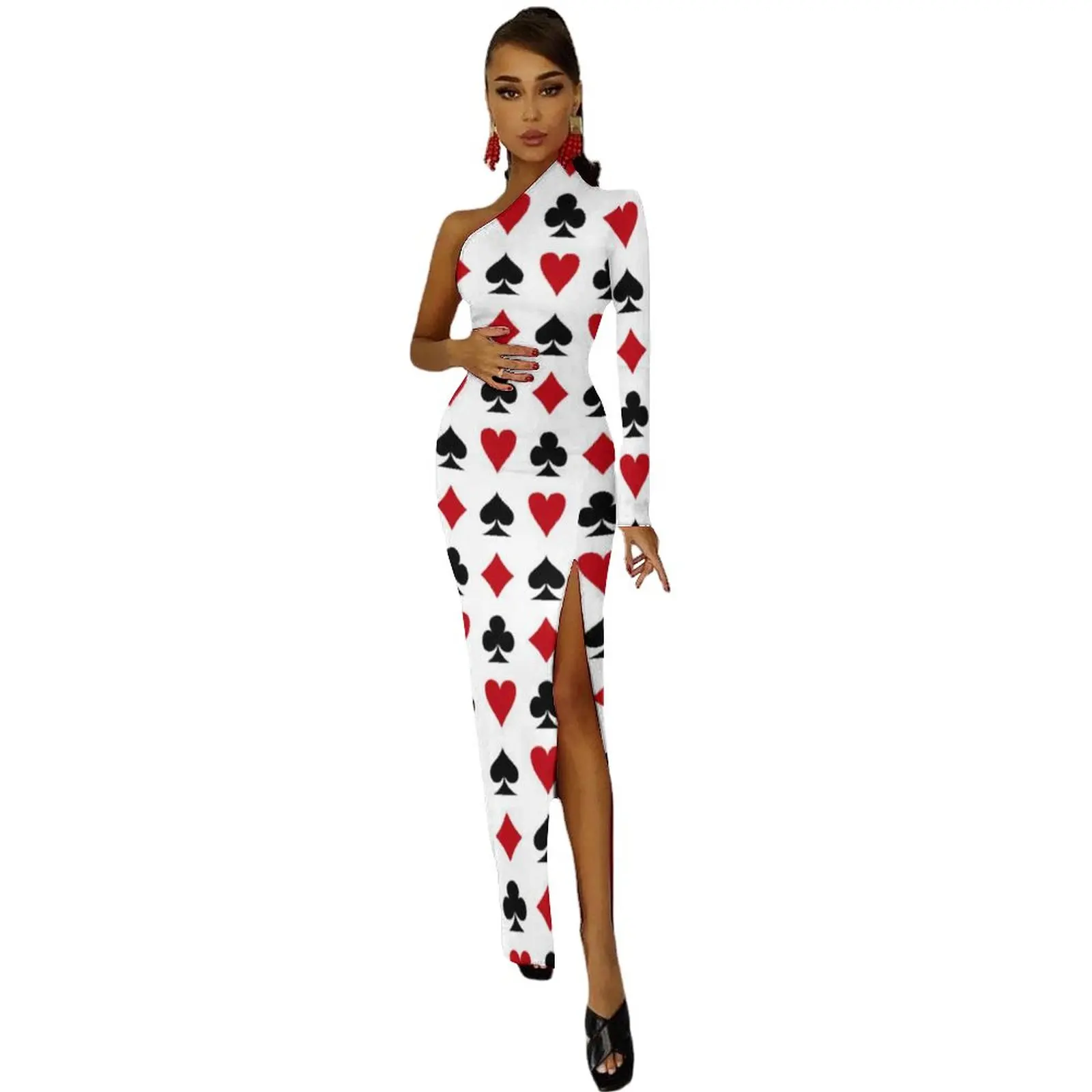 Poker Heart Side Split Bodycon Dress Woman Card Suits Poker Style Lucky Elegant Maxi Dress One Shoulder Party Dresses Present