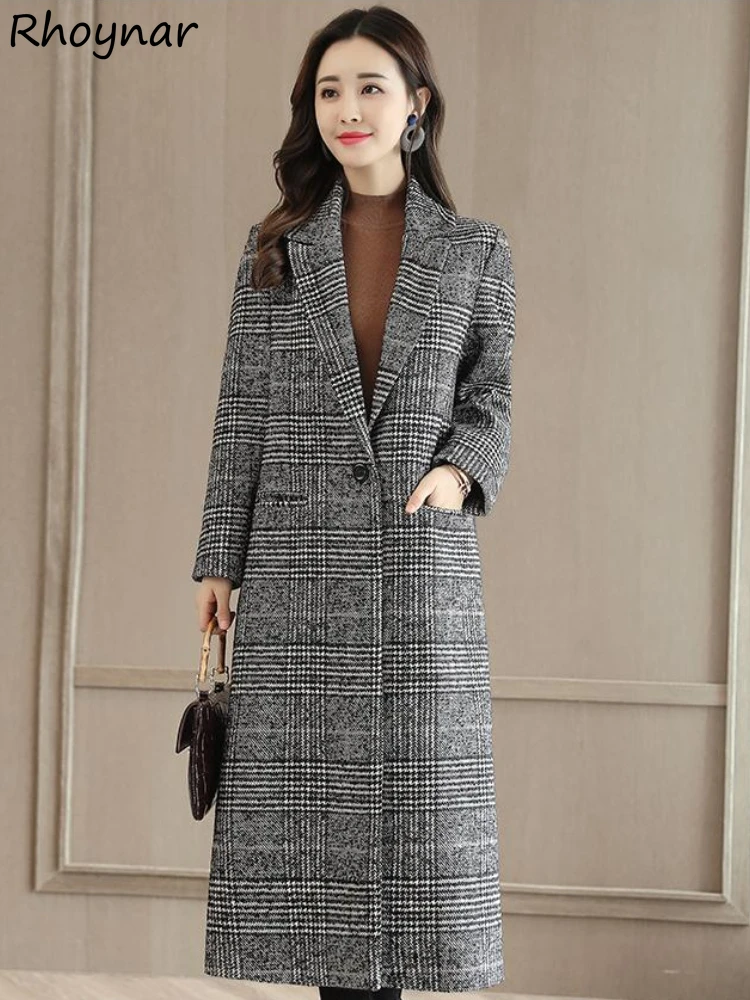 

Autumn Winter Plaid Long Coats Women Blends Vintage Elegant Office Ladies Single Button Clothes Stylish Casual Versatile Simple