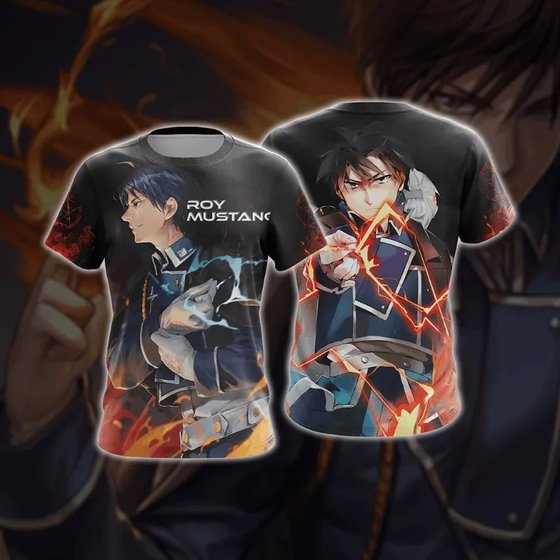 2026 New Fullmetal Alchemist Roy Mustang Ice and Fire Theme Short-Sleeve Anime Peripheral Crew Neck Sports T-Shirt, Unisex