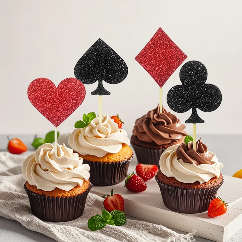 YOMDID 24 Stück Cupcake-Topper für Poker und Nacht, Liebesherz, quadratisch, Club-Cupcake-Picks, Geburtstagskuchen-Dekorationen, Poker-Party-Dekoration