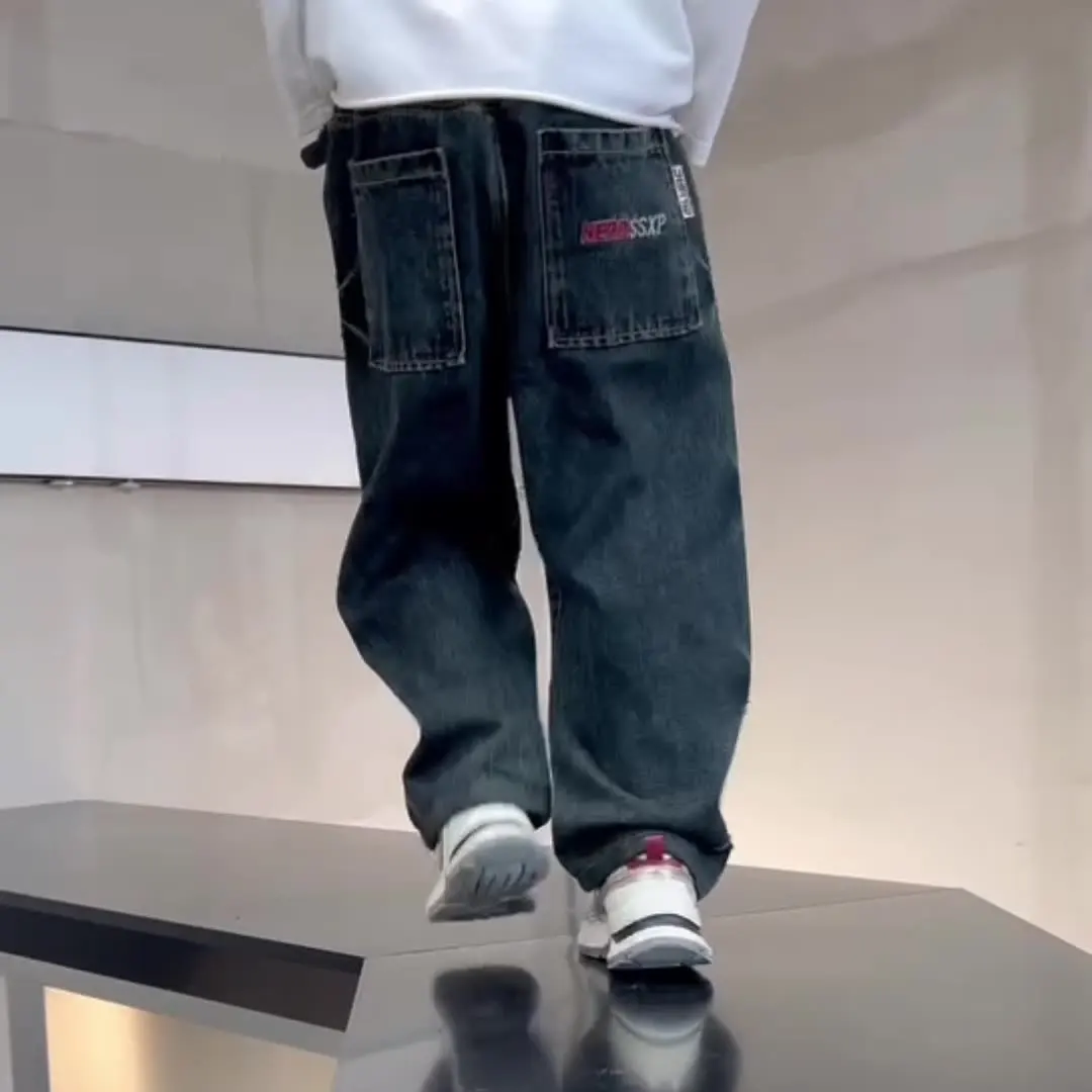 Boys' Denim Pants Spring/Autumn New Teenager Children Straight Jeans Boys Kids Handsome Spring Summer Loose Wide-leg Trousers