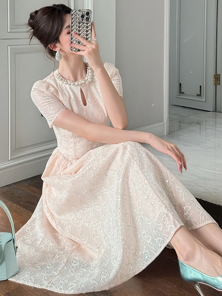 Elegant Sweet Lace ชุดเย็บปักถักร้อยเสื้อผ้าผู้หญิงอย่างเป็นทางการโอกาสเพิร์ลเลื่อม Swing ยาว Robe หญิง Party Prom Vestido Lady