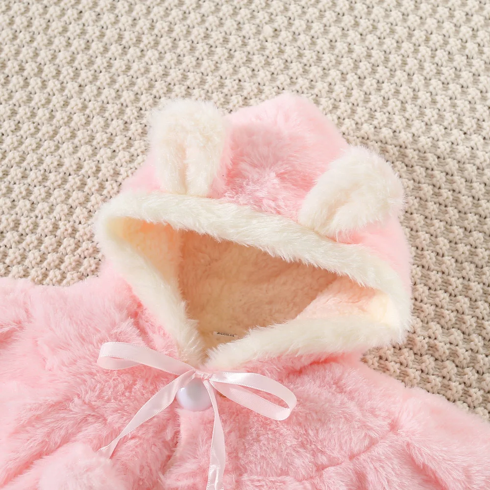 New Winter Girls\' Coat Furry Top Shawl Hairball Bow Solid Color Hooded Bear Ears Winter Girls Sweet Warm Fleece Coat