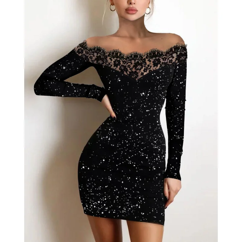 

Off--Shoulder Lace Patchwork Sequin Dress Slim-Fit, Bodycon, Long-Sleeved Dress