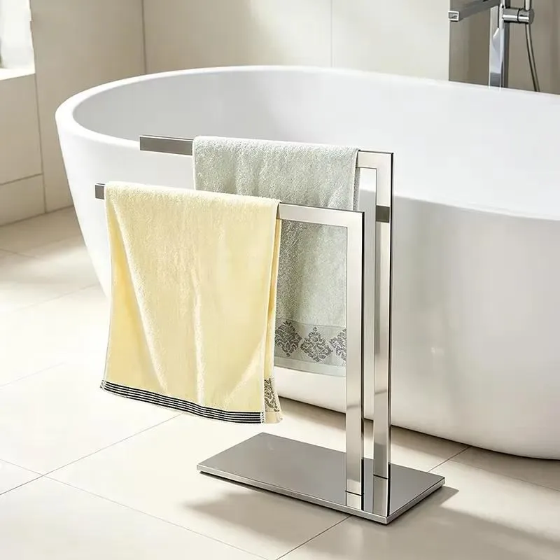 High Gloss Polished SUS304 Stainless Steel Double Layer Freestanding Hotel Towel Rack Modern Design Bathroom Storage