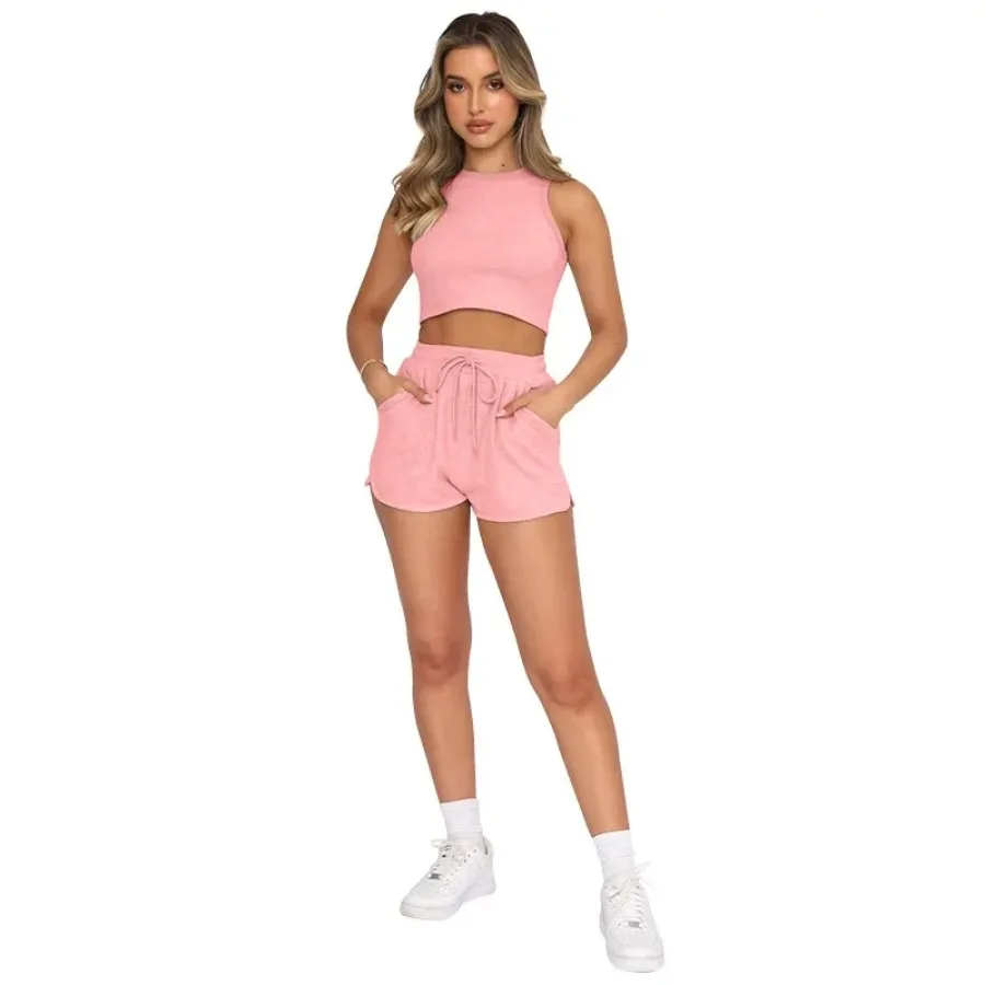 Conjunto de shorts esportivos sem encosto cor sólida, suspensório sexy, moda, novo, verão