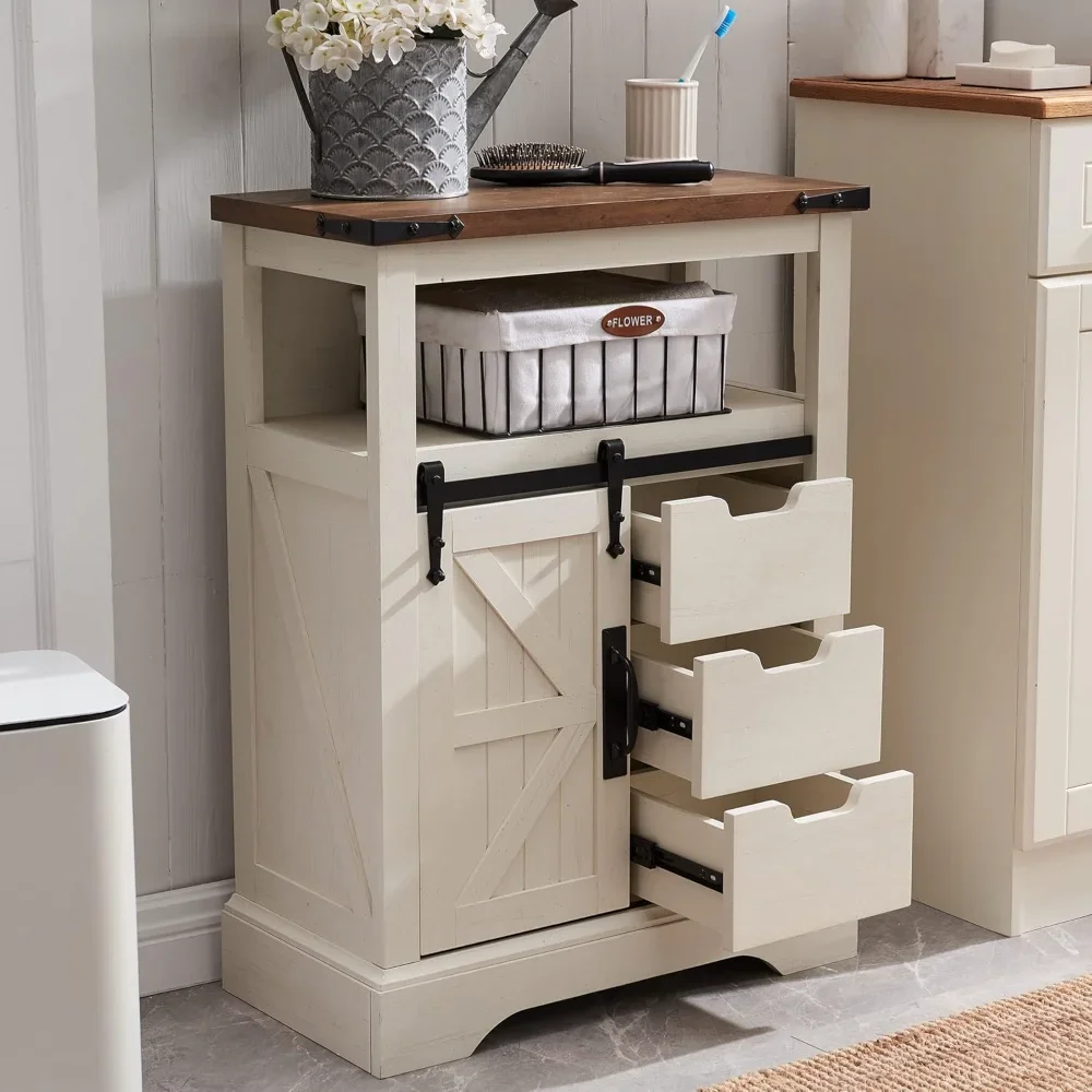 Bathroom Floor Cabinet,with Sliding Barn Door & Storage Drawers, Small Storage Cabinet for Bathroom,  Living Room