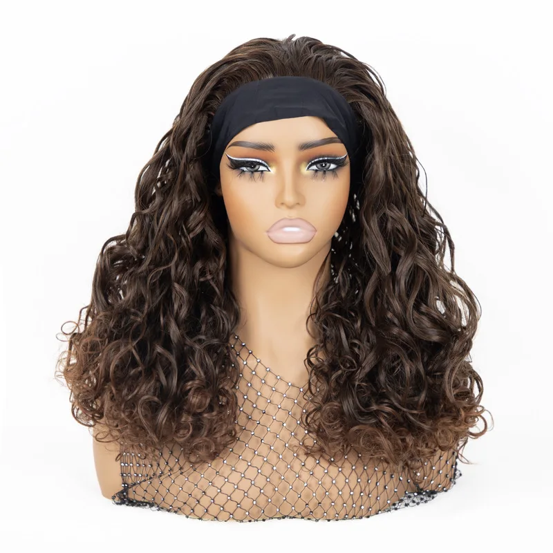 Brown gradient headscarf wig, the same style as popular on social media, medium-long curly hair, no seams, easy to use, suitable