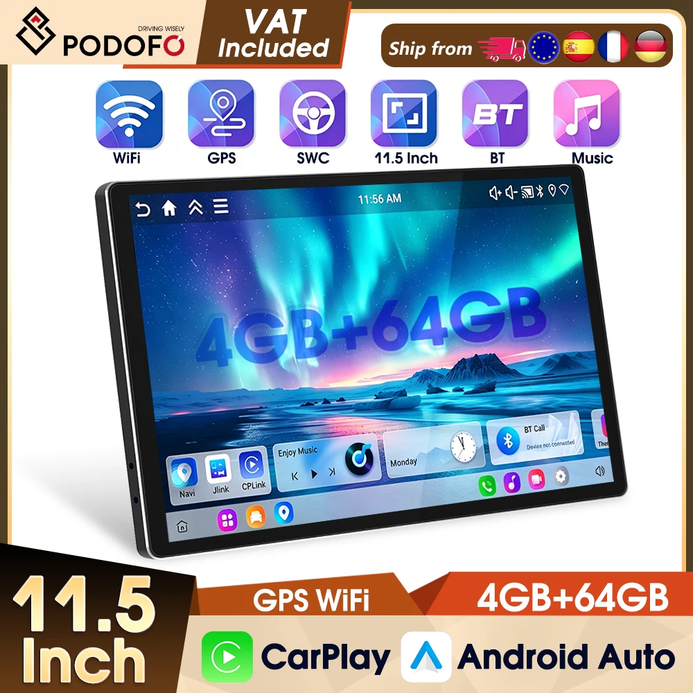 Podofo 11,5'' Android 4+64G Auto-Multimediaplayer Kabelloses Carplay Android Auto WIFI GPS FM RDS EQ Bluetooth Autoradio Stereo