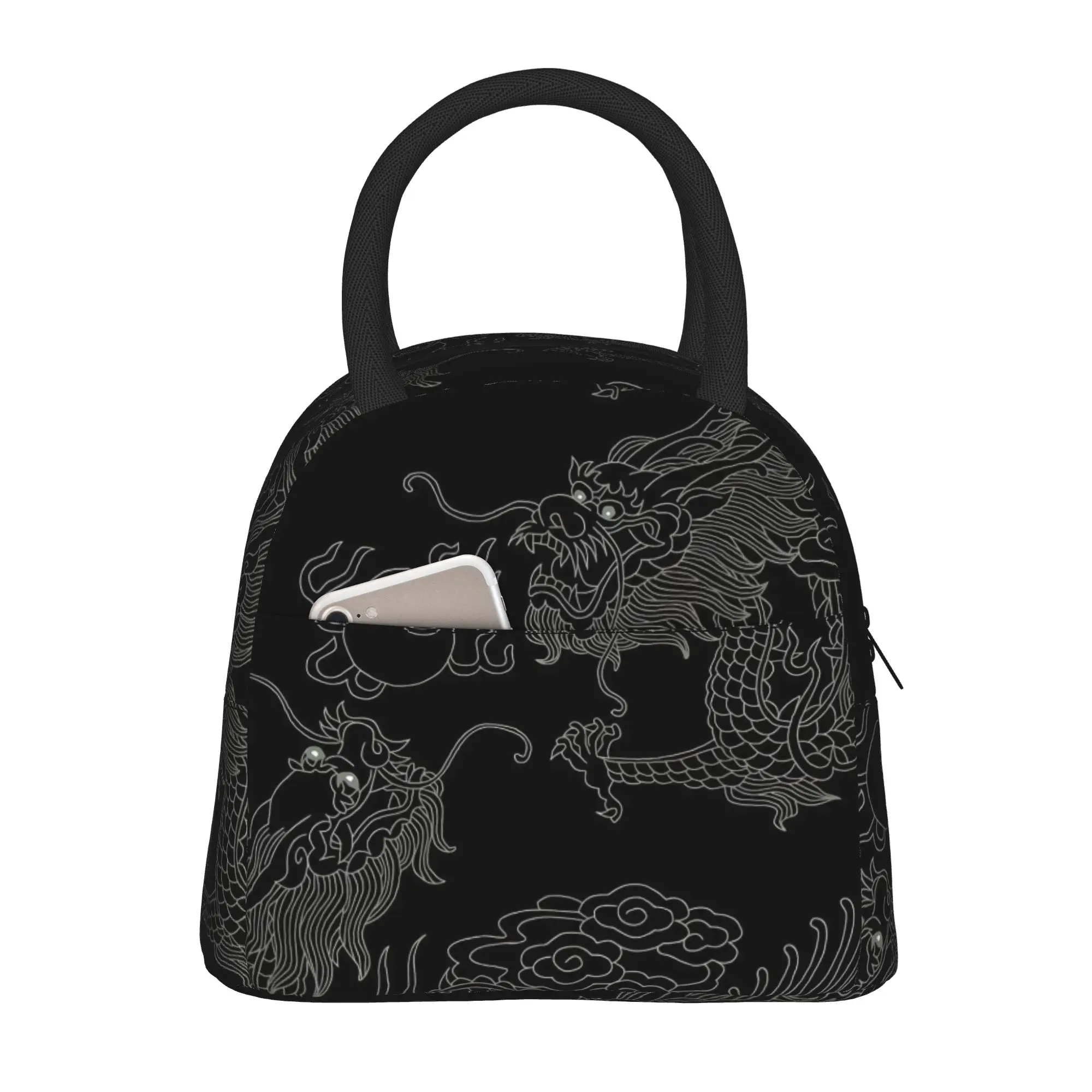 Back to school season  Lunch Box Bag Black Chinese Dragon Line Pattern Vintage Cool Multi-Function Food Storage Lunch Bag
