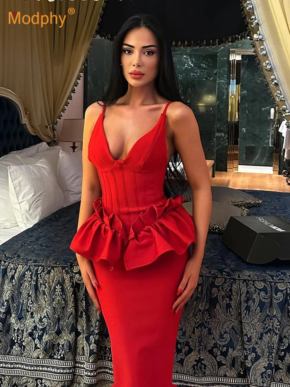 

Modphy Ladies Ruffle Bodycon Spaghetti Strap Backless Fishbone Sexy Maxi Bandage Dress Red Sleeveless Celebrity Evening Party