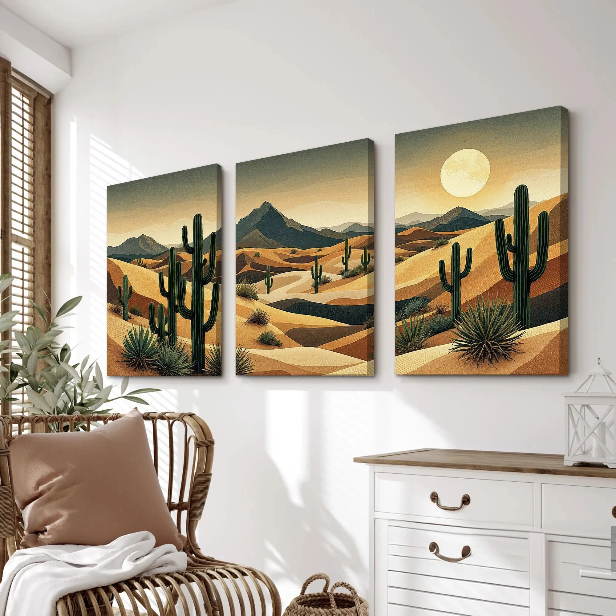 Southwestern Wall Art Set of 3 | Desert Cactus Landscape Triptych with Sun and Sand Dunes | Rustic Modern Nature Wall Decor