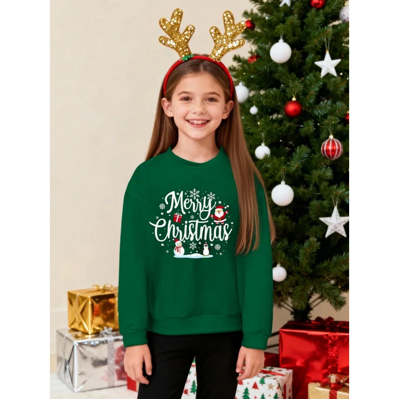 2026Girls Green Christmas Sweatshirt Children Merry Christmas Santa Claus Snowman Print Round Neck Long Sleeve Festive Top