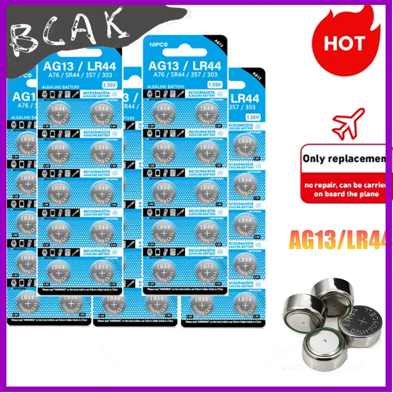 210mah AG13 LR44 BCAK A76 357 357A LR1154 SR1154 SR44 1.55V Alkaline Battery for Watch Calculator Car Key Clock Button Coin Cel