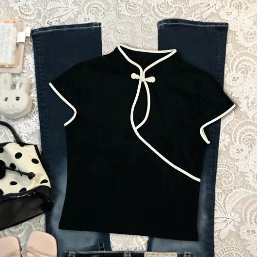 Damen-Bluse im chinesischen Stil, beige, Cheongsam-Bluse, Vintage-Stil, Stehkragen, kurze Ärmel, bauchfreies Oberteil mit asymmetrischem Froschknopf und Schlüsselloch – Detail 5