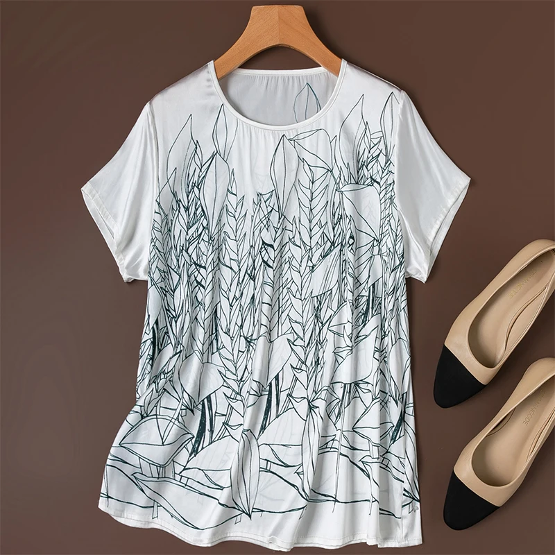 

93% Mulberry Silk 7% Spandex Women Short Sleeve T-shirt Basic Style White Printed Casual Top Tee Shirt Summer M1519