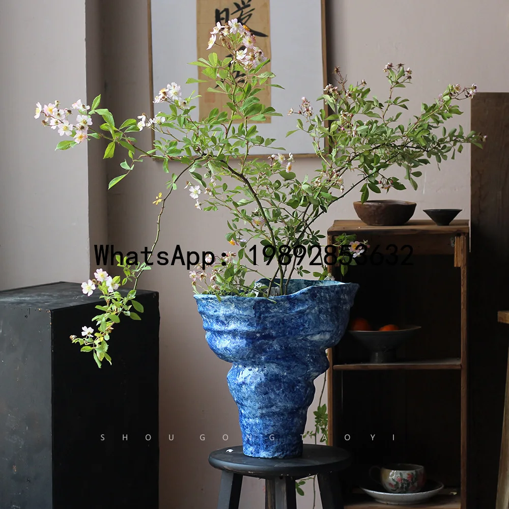

Ceramic Vase Blue Irregular Flowerpot Ceramic Handicrafts Flower Arrangement Accessories Handcrafted Vintage Porcelain Pot
