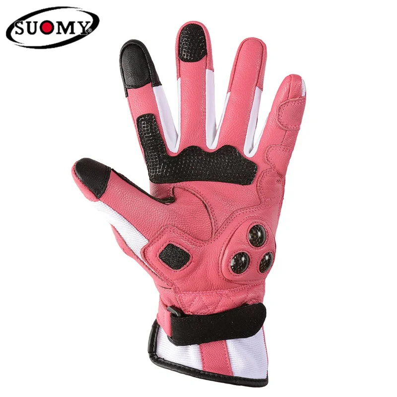 

Breathable Pink Leather Motorcycle Gloves for Women, Summer Carbon Fiber Armor & Anti-Slip Design, Full Finger Motorbike Gear