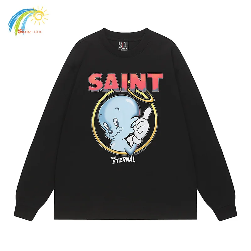 الأزرق الكرتون الملاك طباعة سانت طويلة الأكمام تي شيرت الرجال النساء للجنسين القطن المتضخم المحملة القمم قاعدة سوداء تي شيرت مع العلامات