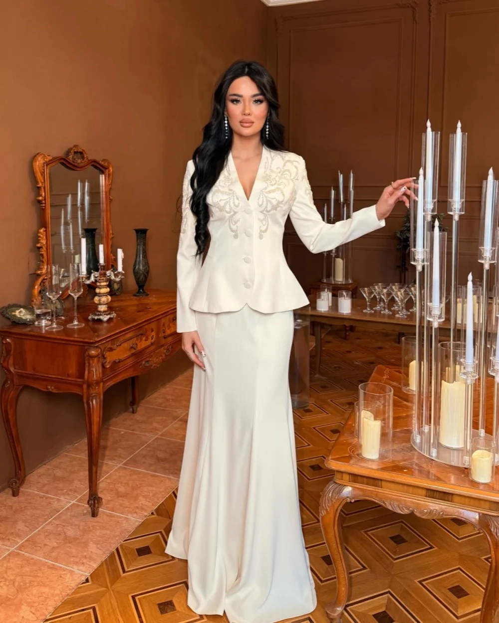 

Customized Classic Women Jersey Applique Button Mermaid Evening Dresses Modern Style V-neck Long Sleeves Floor Lenght Party Gown