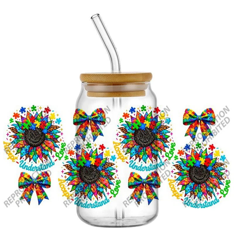 New Autism Awareness Series 3D Pattern Transfer Stickers for Glasses Autism Mom Era Fade Resistant UV DTF Cup Decals for Libbey view 5