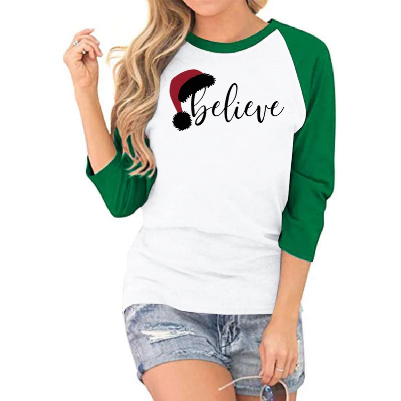 Christmas Believe Seven-quarter Sleeve T-shirt Women Trendy Festive Three Quarter Sleeves for Women Christmas Hat Woman T-shirts