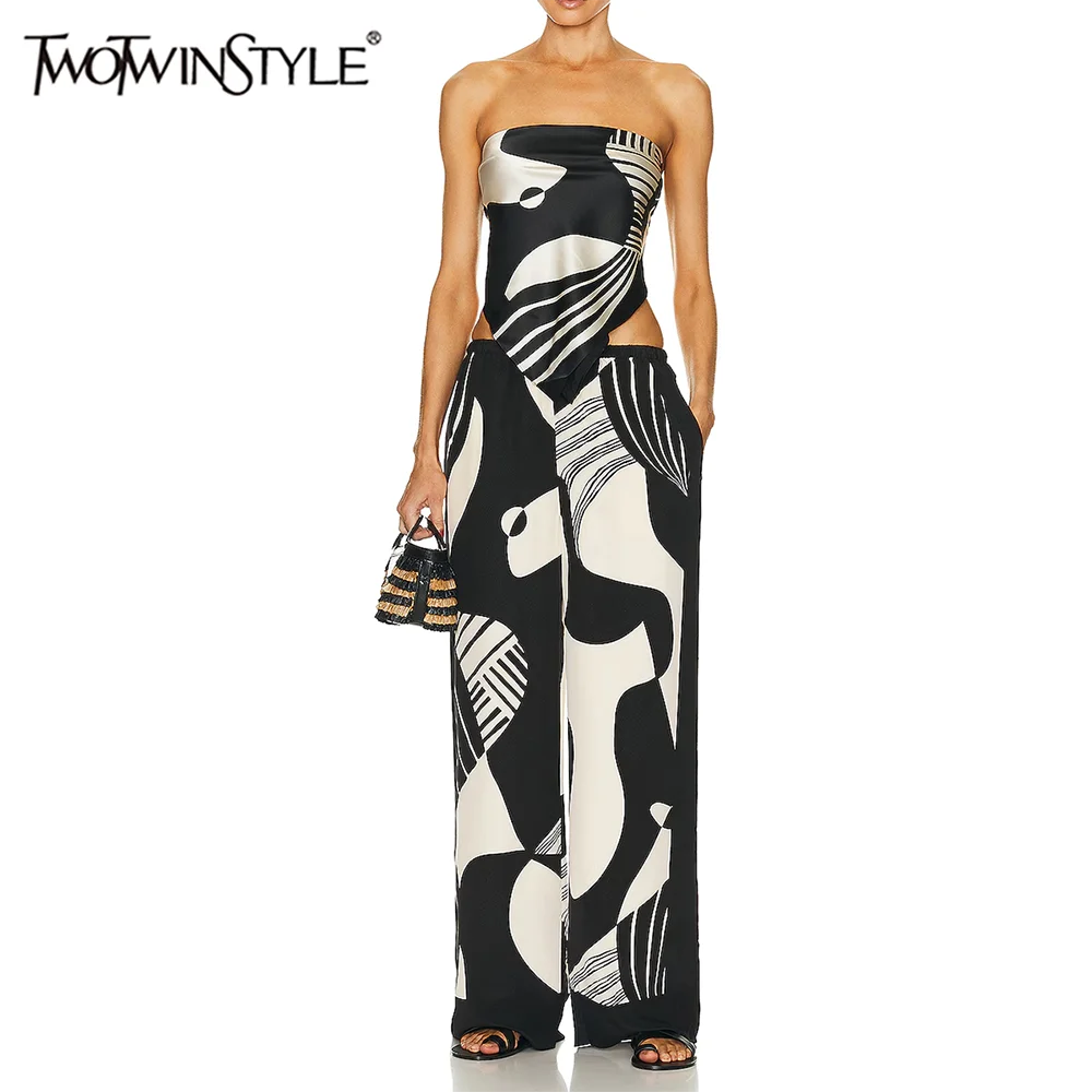 

TWOTWINSTYLE Hit Color Geometric Two Piece Sets for Women Strapless Sleeveless Top High Waist Wide Leg Pant Casual Set Female