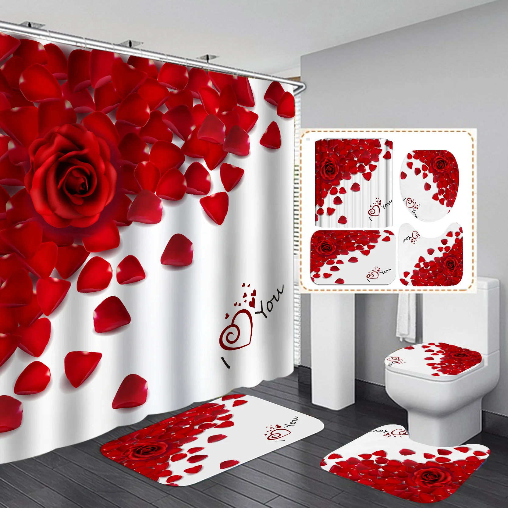 3D Digital Printing Flowers Shower Curtain Waterproof Polyester Bathroom Curtains Colorful Shower Curtain Set Bath Mats Rugs