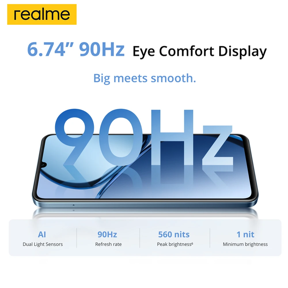 Realme C63 6,74 ''90Hz Display de conforto ocular 8 + 256GB Android 14 Smartphone 50MP AI Câmera 5000mAh Bateria 45W Carga rápida