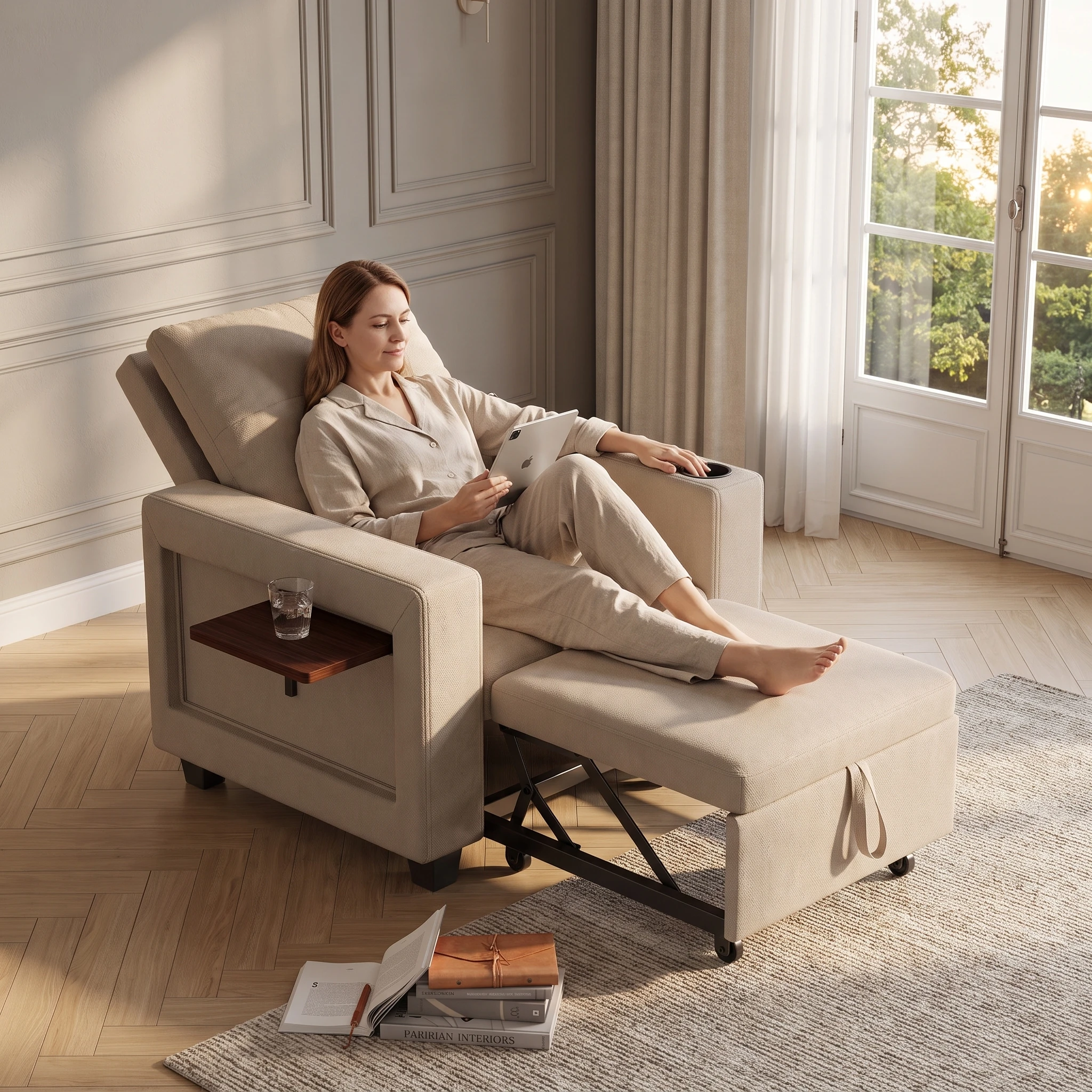 Comanlai, divano letto singolo in velluto color beige, poltrona trasformabile, schienale regolabile in 5 posizioni, piano tavolo pieghevole; ideale per soggiorni e camere da letto.