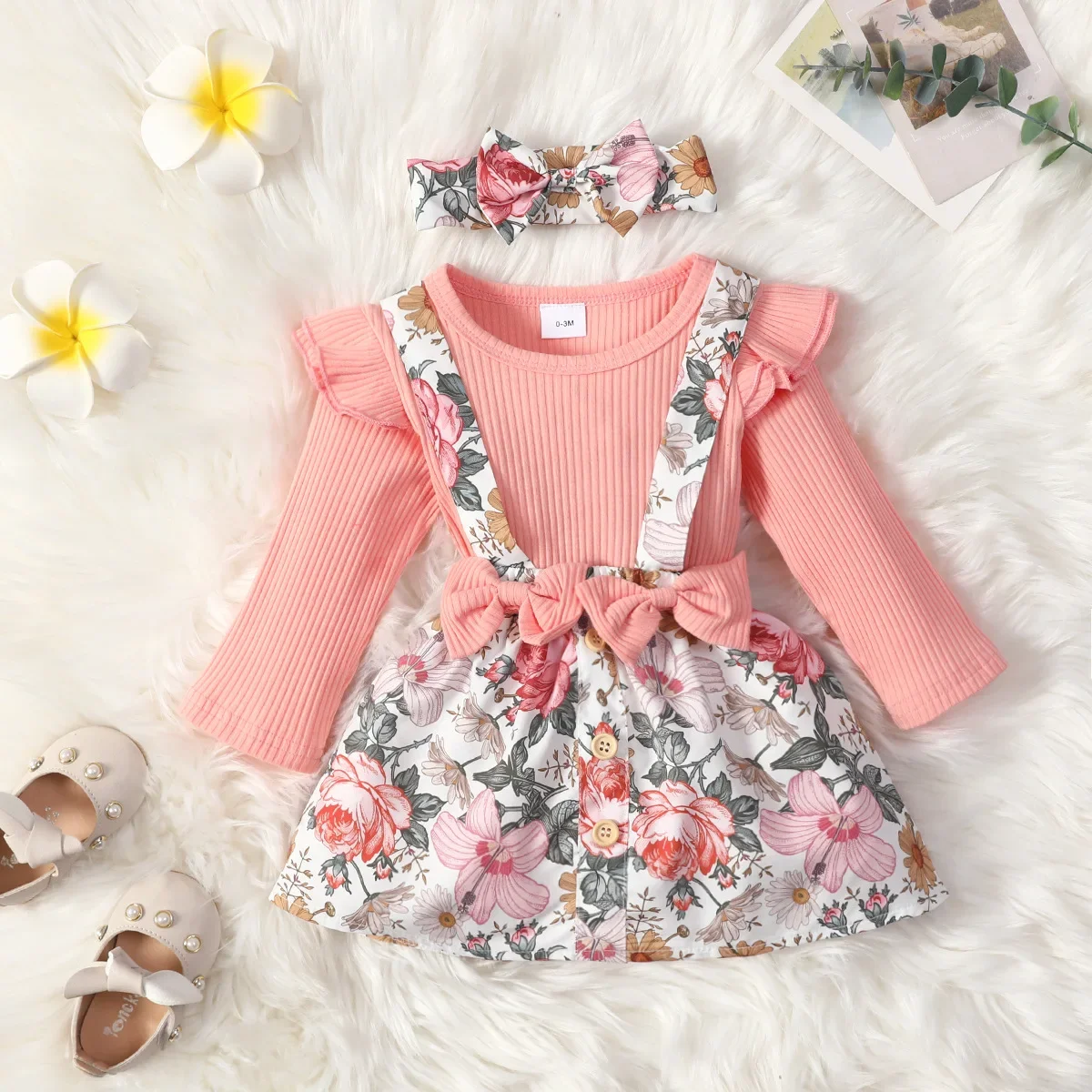 

Spring Autumn Infant Baby Girls Skirt Set Solid Color Long Sleeve Romper Plaid Shoulder Strap Bowknot Flower Print Skirt Suit