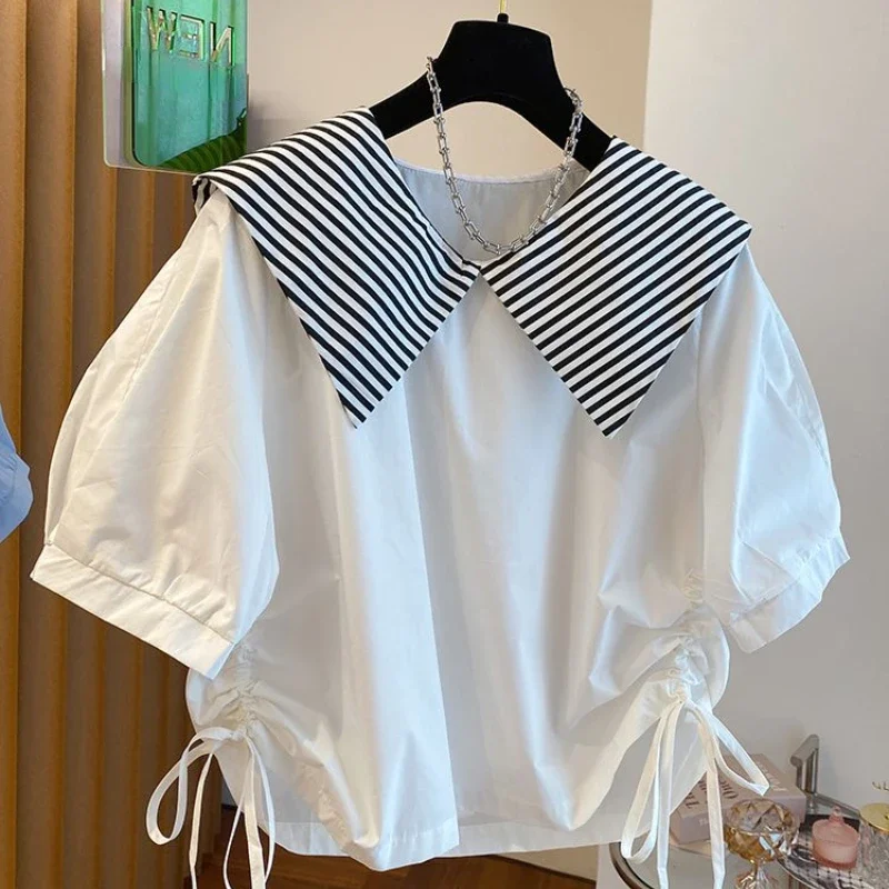 Korean Fashion Blouses Striped Contrast Color Draw String Peter Pan Collar Shirts Summer Short Sleeve Casual Loose Women Tops