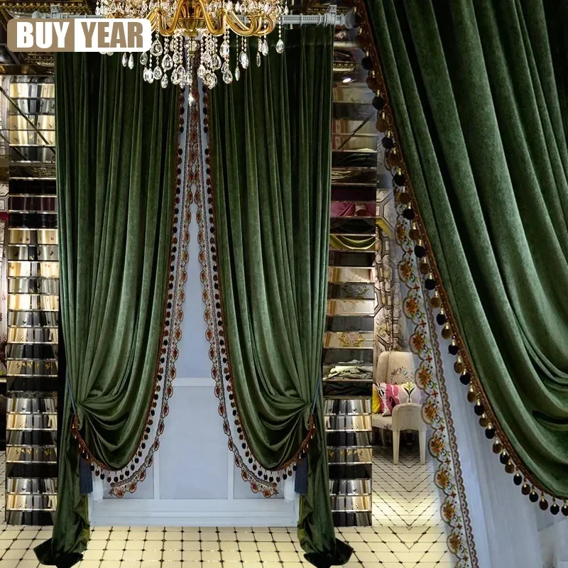 Customized  European Luxury Thick Solid Velvet  Curtains for Living Dining Room Bedroom Bead Blackout Window Decor Elegant Door