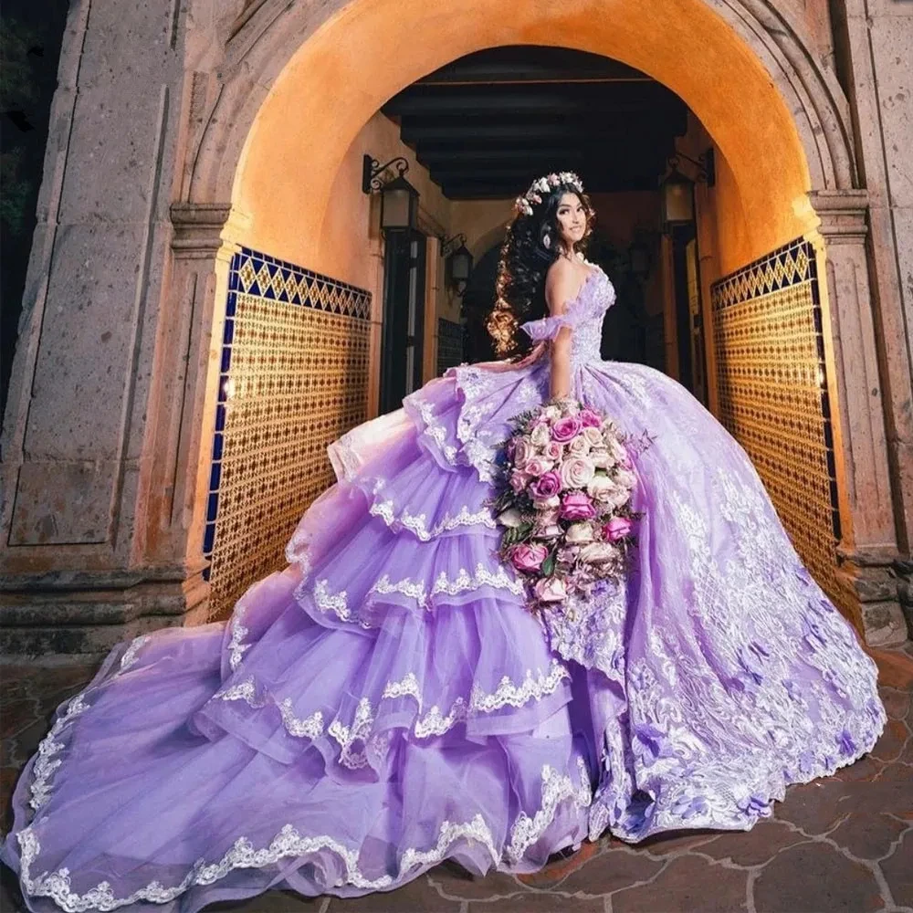 

Lilac Lavender Princess Quinceanera Dresses Off Shoulder 3D Floral Appliques Lace-Up Corset Prom Vestidos 15 Anos Rosa Tiered