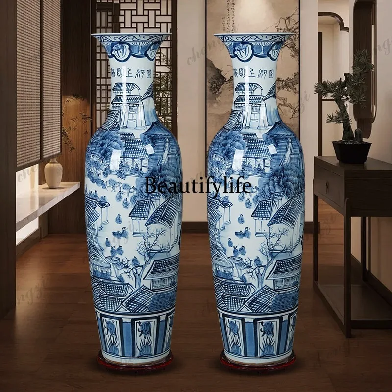 Qingming Shanghetu hand-painted large vase Jingdezhen ceramic living room hotel, floor-to-ceiling ornament