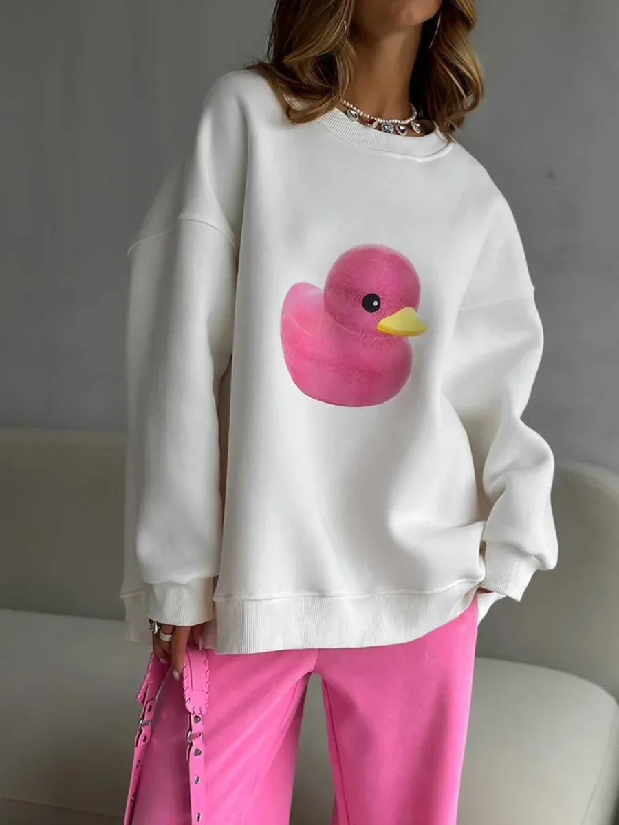 Mingmingxi Autumn Winter Warm Yellow Duck Print Sweatshirt Women\'s Loose Round Neck Oversized Comfortable Trendy Casual Hoodies